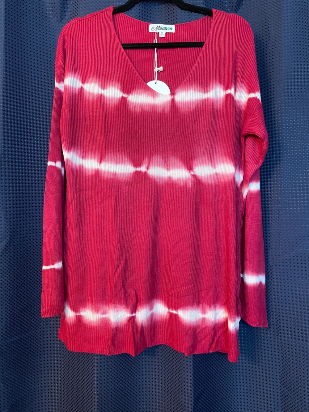 MACARON Pink and White Tie-Dye V-Neck Ribbed Long Sleeve Top